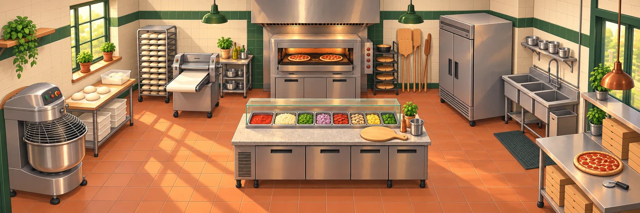 Illustrated pizzeria kitchen seen from the entrance